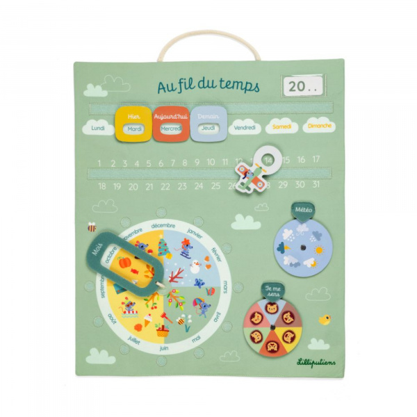 Calendrier pour enfant en tissu vert au fil du temps Lilliputiens