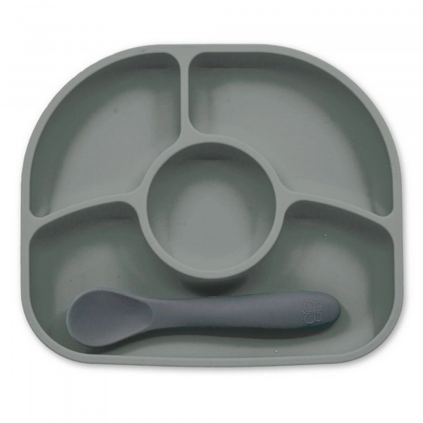 Coffret assiette et cuillère en silicone yümi gris Bbluv