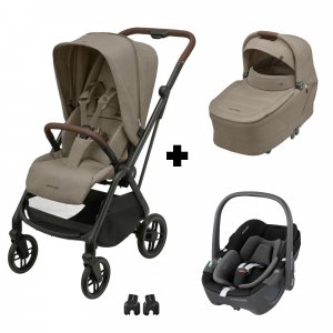 Poussette trio leona 2 truffle + siège auto pebble 360 black + nacelle sense truffle Maxi-cosi