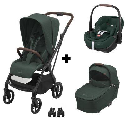 Poussette trio leona 2 + siège auto pebble 360 pro 2 + nacelle sense twillic green