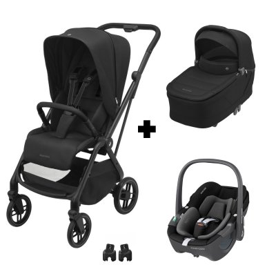 Poussette trio leona 2 + siège auto pebble 360 + nacelle sense black