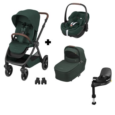 Poussette trio oxford + siège auto pebble 360 pro 2 + nacelle sense twillic green + base familyfix 360 pro