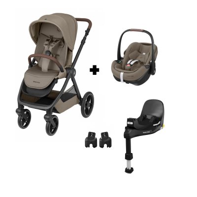 Poussette duo oxford + siège auto pebble 360 pro 2 twillic truffle + base familyfix 360 pro