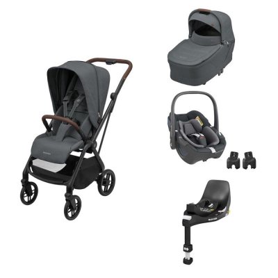 Poussette trio leona 2 + siège auto pebble 360 + nacelle sense graphique + base familyfix 360