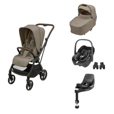 Poussette trio leona 2 truffle + siège auto pebble 360 black + nacelle sense truffle + base familyfix 360