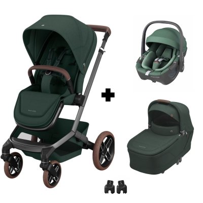 Poussette trio fame + siège auto pebble 360 + nacelle twillic green