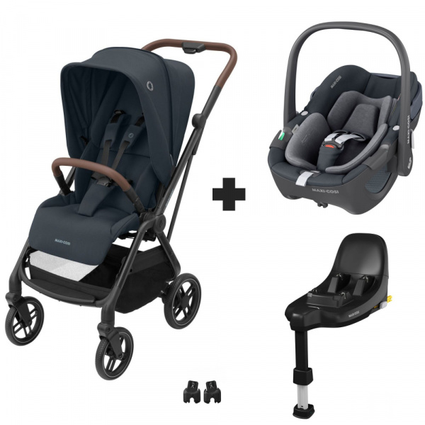 Poussette duo leona² graphite + siège auto pebble 360 essential graphite + base familyfix 360 Maxi-cosi