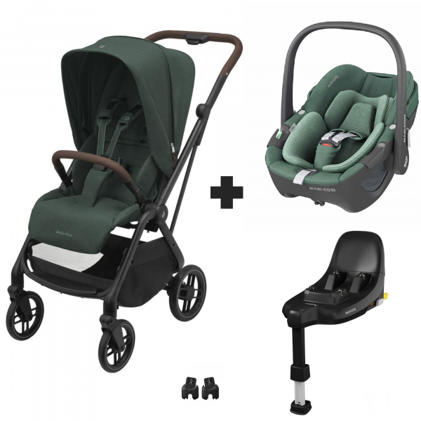 Poussette duo leona² + siège auto pebble 360 essential green + base familyfix 360 Maxi-cosi