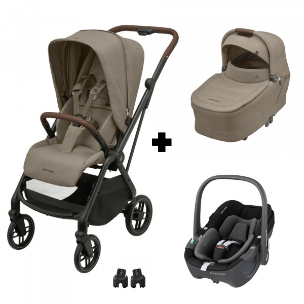 Poussette trio leona 2 truffle + siège auto pebble 360 black + nacelle sense truffle Maxi-cosi
