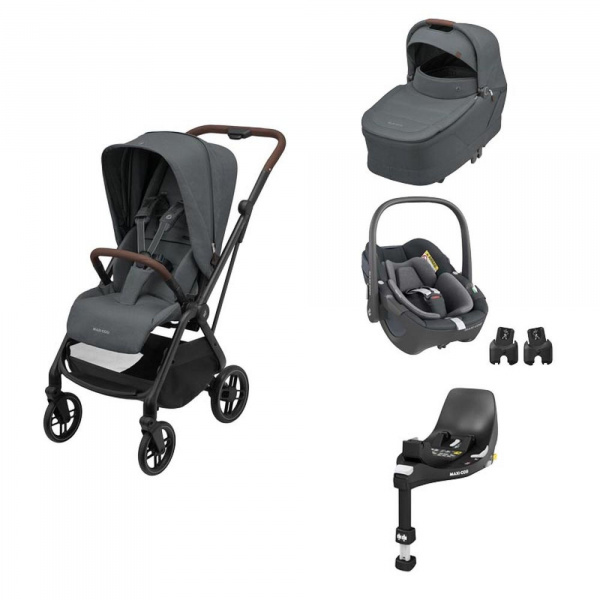 Poussette trio leona 2 + siège auto pebble 360 + nacelle sense graphique + base familyfix 360 Maxi-cosi