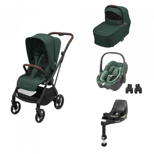 Poussette trio leona 2 + siège auto pebble 360 + nacelle sense green + base familyfix 360 Maxi-cosi