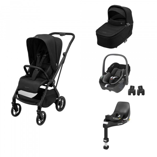 Poussette trio leona 2+ siège auto pebble 360 + nacelle sense black + base familyfix 360 Maxi-cosi