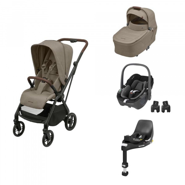 Poussette trio leona 2 truffle + siège auto pebble 360 black + nacelle sense truffle + base familyfix 360 Maxi-cosi
