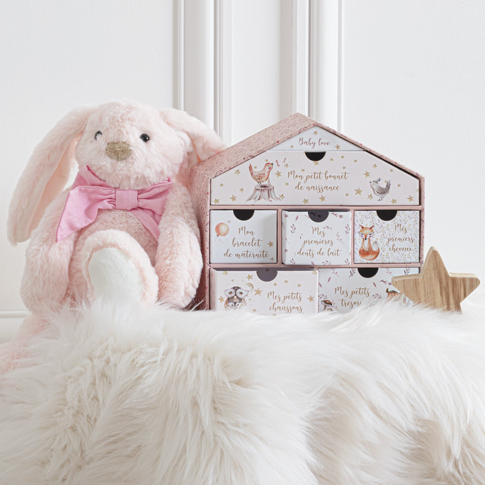 Coffret De Naissance à 9 Tiroirs – Rangement Souvenirs Bébé – Motif Cœurs Et Marguerites – Rose