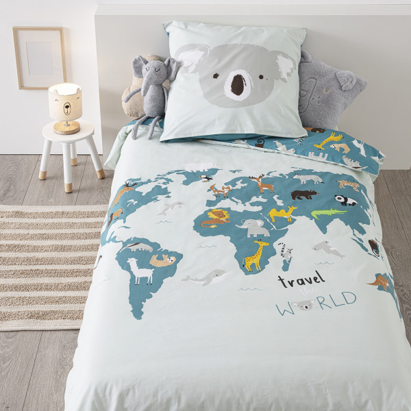 Parure de lit enfant 140x200 cm carte du monde Atmosphera for kids