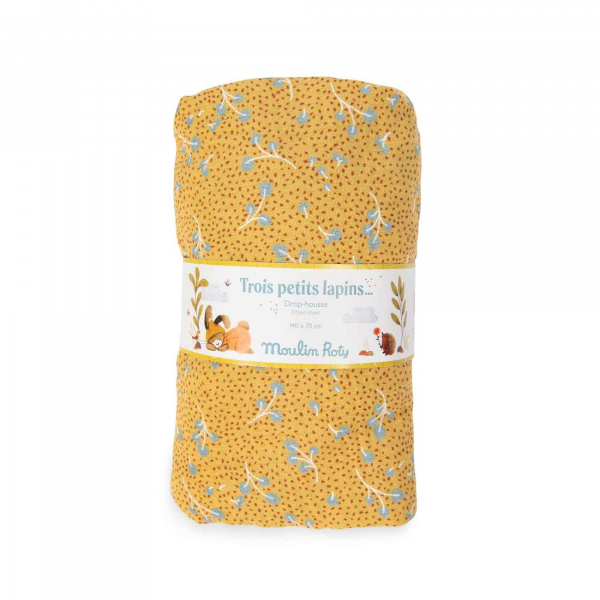 Drap housse lit bébé 70 x 140 cm trois petits lapins - ocre imprimé Moulin roty