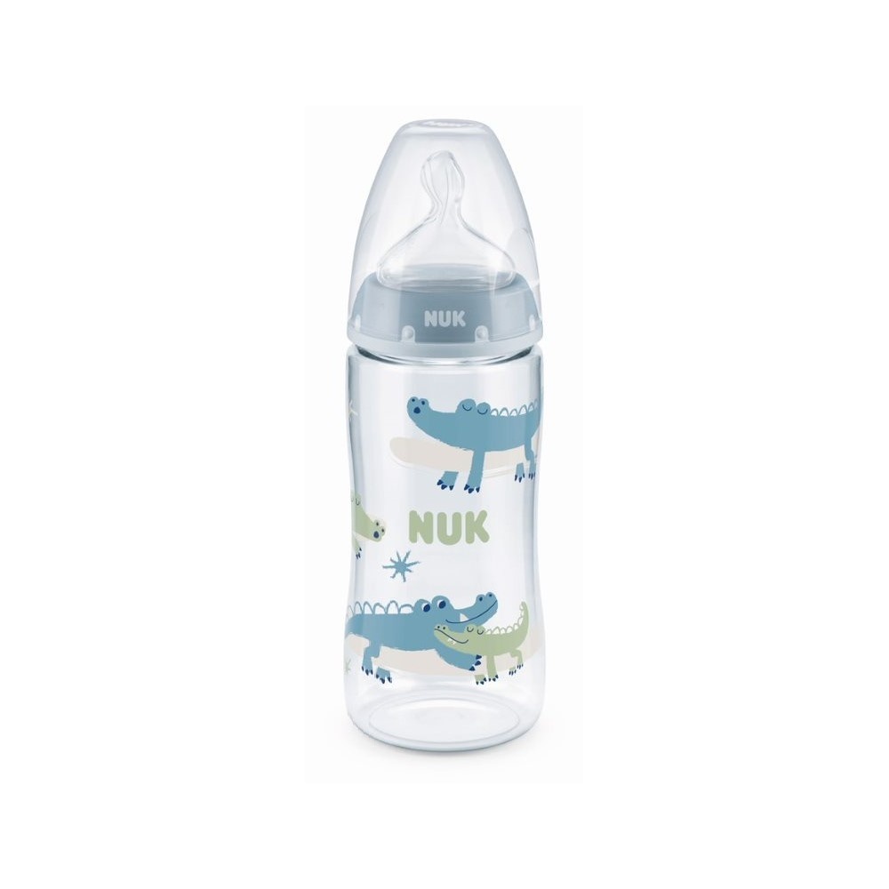 NUK biberon en verre First Choice+, 0 - 6 mois, Contrôle de température, Tétine en silicone, Valve anti-coliques, Sans BPA, 240 ml