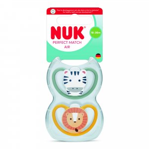 Lot de 2 sucettes perfect match air 18-36 mois zèbre/lion Nuk