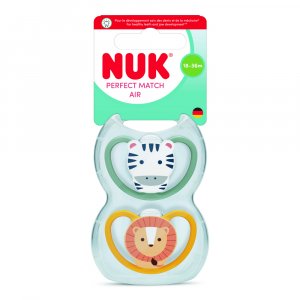 Lot de 2 sucettes perfect match air 18-36 mois zèbre/lion Nuk