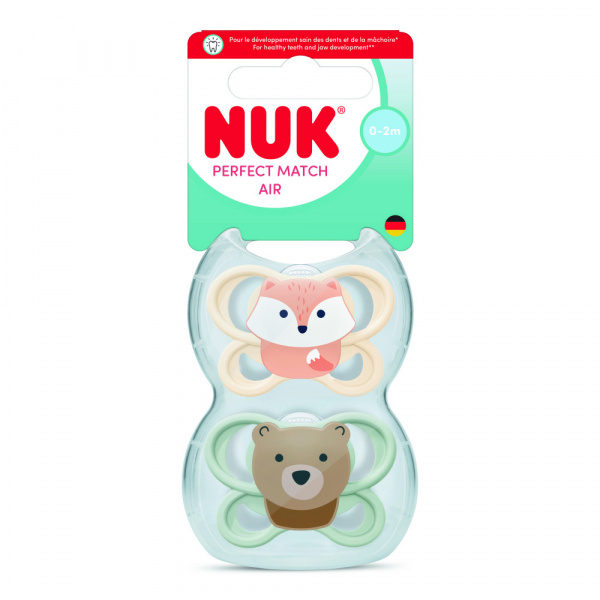 Lot de 2 sucettes perfect match air 0-2 mois renard / ours Nuk