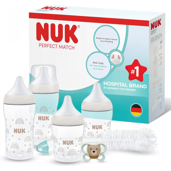 Coffret pp perfect match - 2 biberons 150 ml s+ 2 biberons 260 ml m + 2 tétines flow control + 1 goupillon + 1 sucette 0-2 mois Nuk