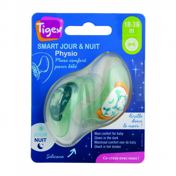 Lot de 2 sucettes smart jour et nuit silicone 18-36mois Tigex