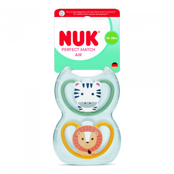 Lot de 2 sucettes perfect match air 18-36 mois zèbre/lion Nuk