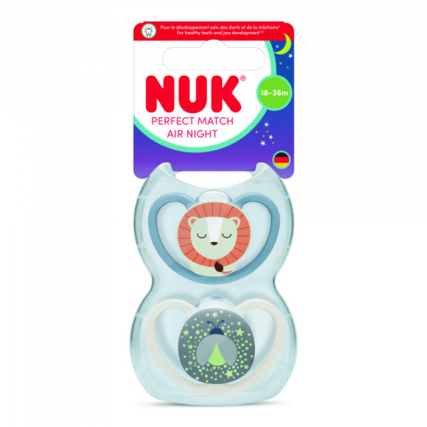 Lot de 2 sucettes perfect match air nuit 18-36 mois lion Nuk