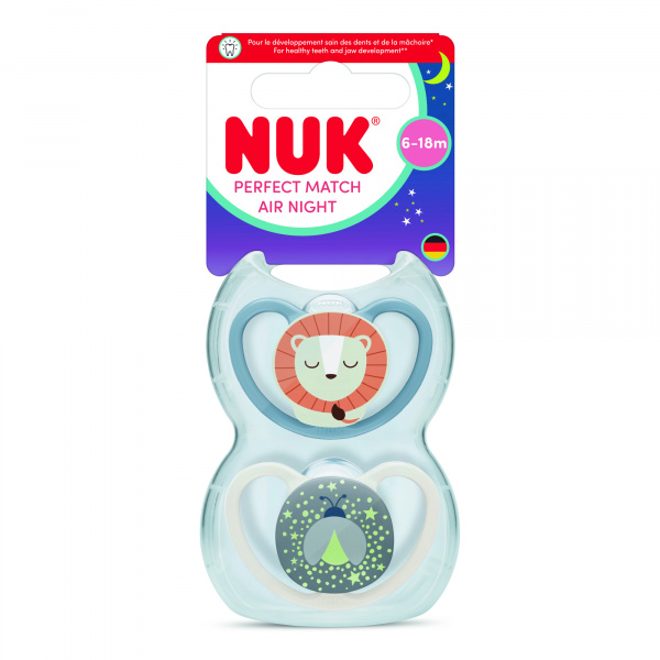Lot de 2 sucettes perfect match air nuit 6-18 mois lion Nuk
