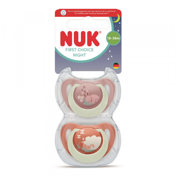 Lot de 2 sucettes nuit phosphorescentes first choice 18-36 mois lapin/mouton Nuk