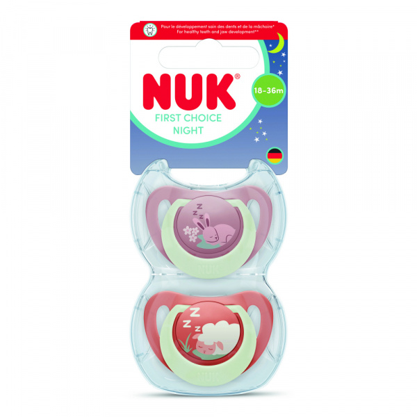 Lot de 2 sucettes nuit phosphorescentes first choice 18-36 mois lapin/mouton Nuk