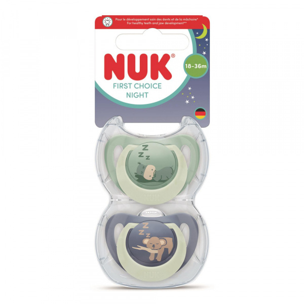 Lot de 2 sucettes nuit phosphorescentes first choice 18-36 mois hippo/koala Nuk