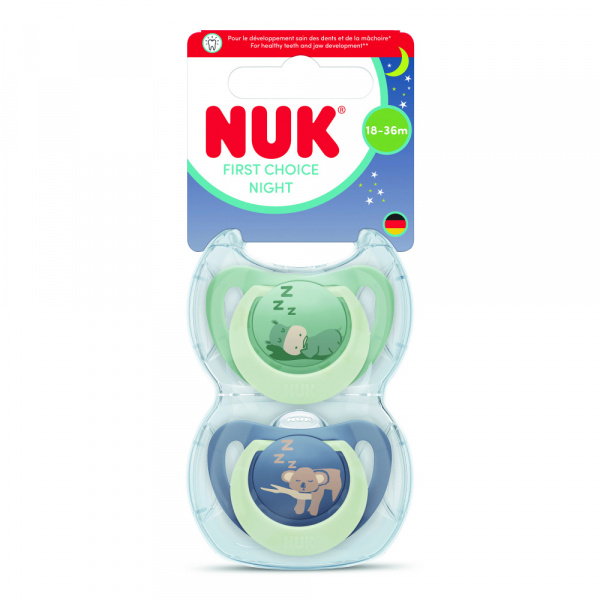 Lot de 2 sucettes nuit phosphorescentes first choice 18-36 mois hippo/koala Nuk