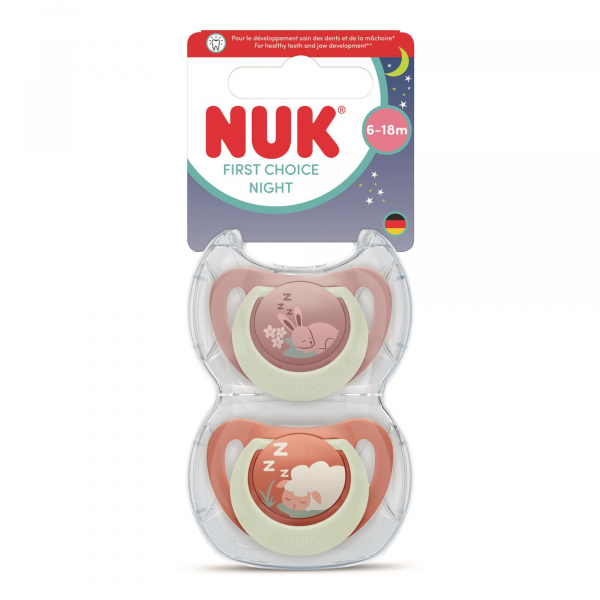 Lot de 2 sucettes nuit phosphorescentes first choice 6-18 mois lapin/mouton Nuk