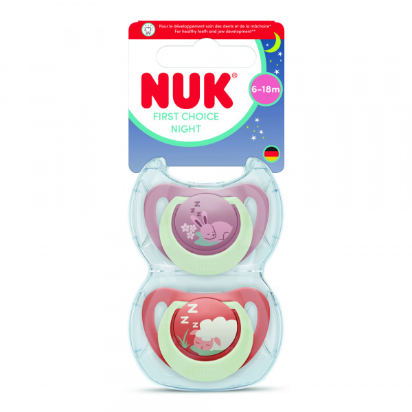 Lot de 2 sucettes nuit phosphorescentes first choice 6-18 mois lapin/mouton Nuk