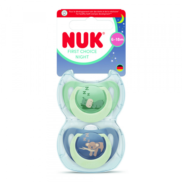 2 sucettes first choice nuit 6-18m hippo/koala Nuk