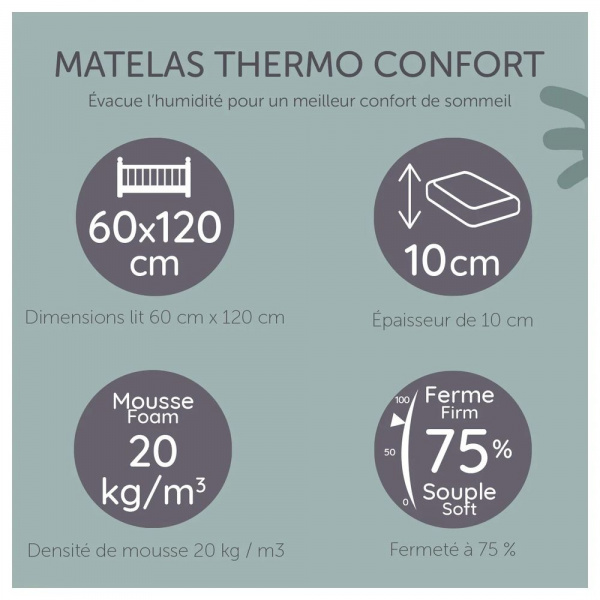 Matelas bébé thermo confort 60x120 cm Tineo