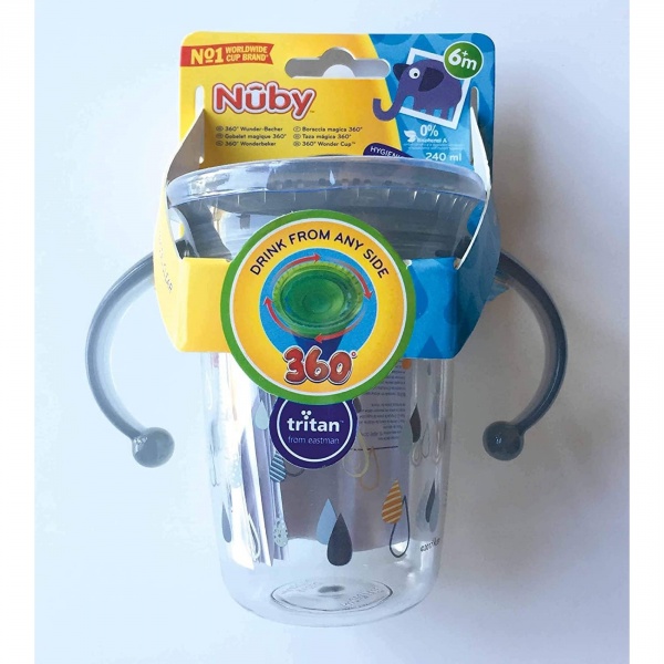 Tasse d'apprentissage 360° avec anses 240ml gris Nuby