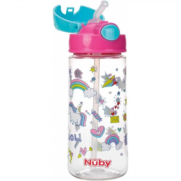 Gobelet paille souple et bouton push en tritan 540ml 3 ans+ rose Nuby