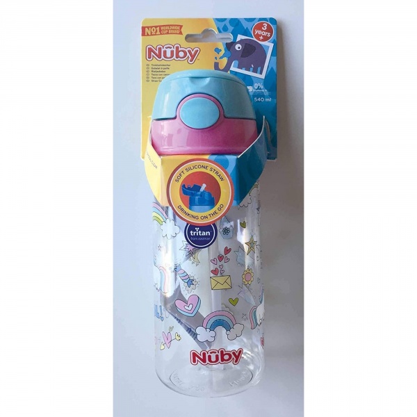Gobelet paille souple et bouton push en tritan 540ml 3 ans+ rose Nuby