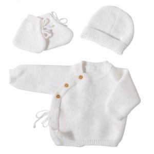 Ensemble naissance bébé brassière, bonnet et chaussons - blanc Trois kilos sept