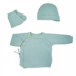 Ensemble naissance bébé brassière, bonnet et chaussons - vert sauge Trois kilos sept