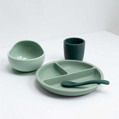 Coffret repas bébé 4 pièces silicone vert sauge et vert sapin
