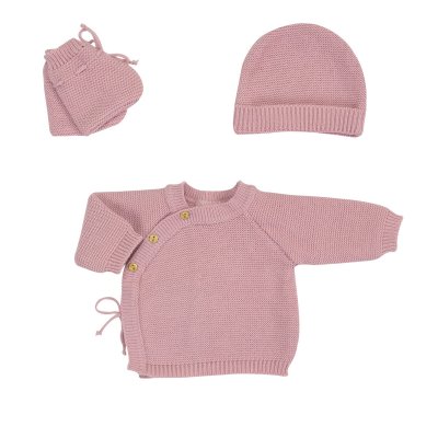 TROIS KILOS SEPT Ensemble naissance bébé brassière, bonnet et chaussons - vieux rose