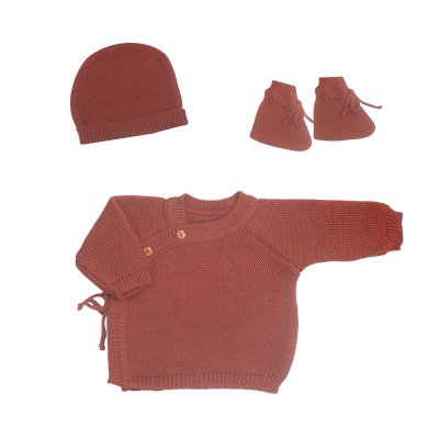 Ensemble naissance bébé brassière, bonnet et chausson - terracotta