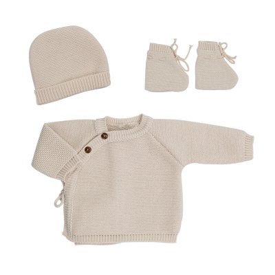 Ensemble naissance bébé brassière, bonnet et chaussons - sable