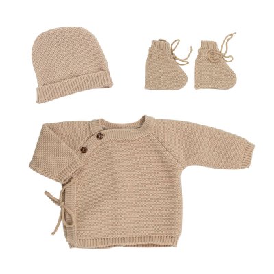 Ensemble naissance bébé brassière, bonnet et chaussons - caramel