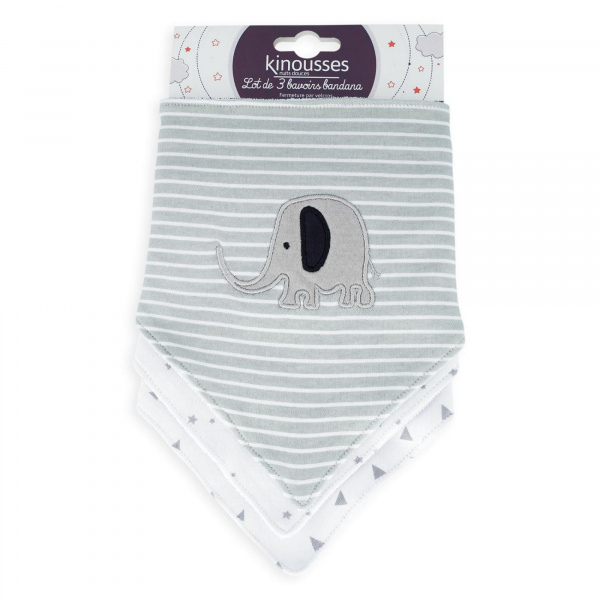 Lot de 3 bavoirs en coton elephant gris Trois kilos sept