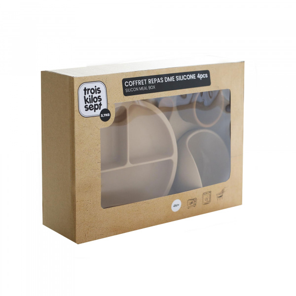 Coffret repas bébé 4 pièces silicone sable et caramel Trois kilos sept