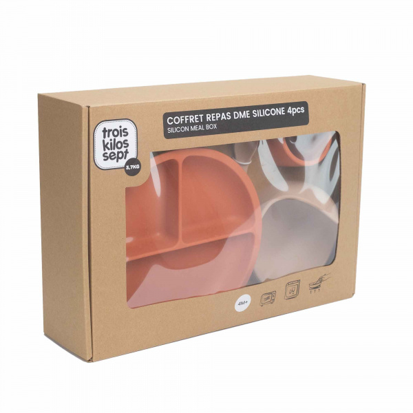 Coffret repas bébé 4 pièces silicone terre de sienne & sable Trois kilos sept